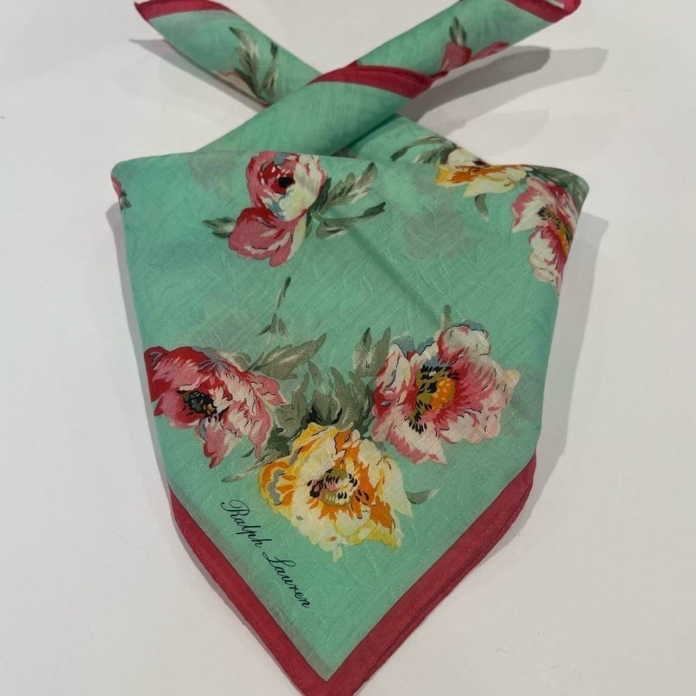 Handkerchief Scarf Ralph Lauren Women  Floral  Green Cotton Pocket Square 19.5”